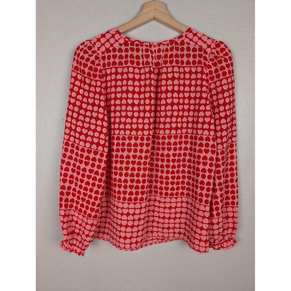LOFT Blouse M Petite Red Pink Heart Print Long Sleeve Peasant Top Valentine's Mb - Picture 4 of 7